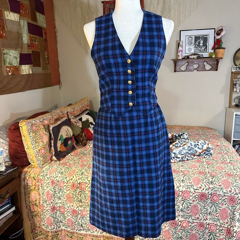 70s/80s Tartan Blue Vest Waist Coat and Skirt Set with Gold Details!